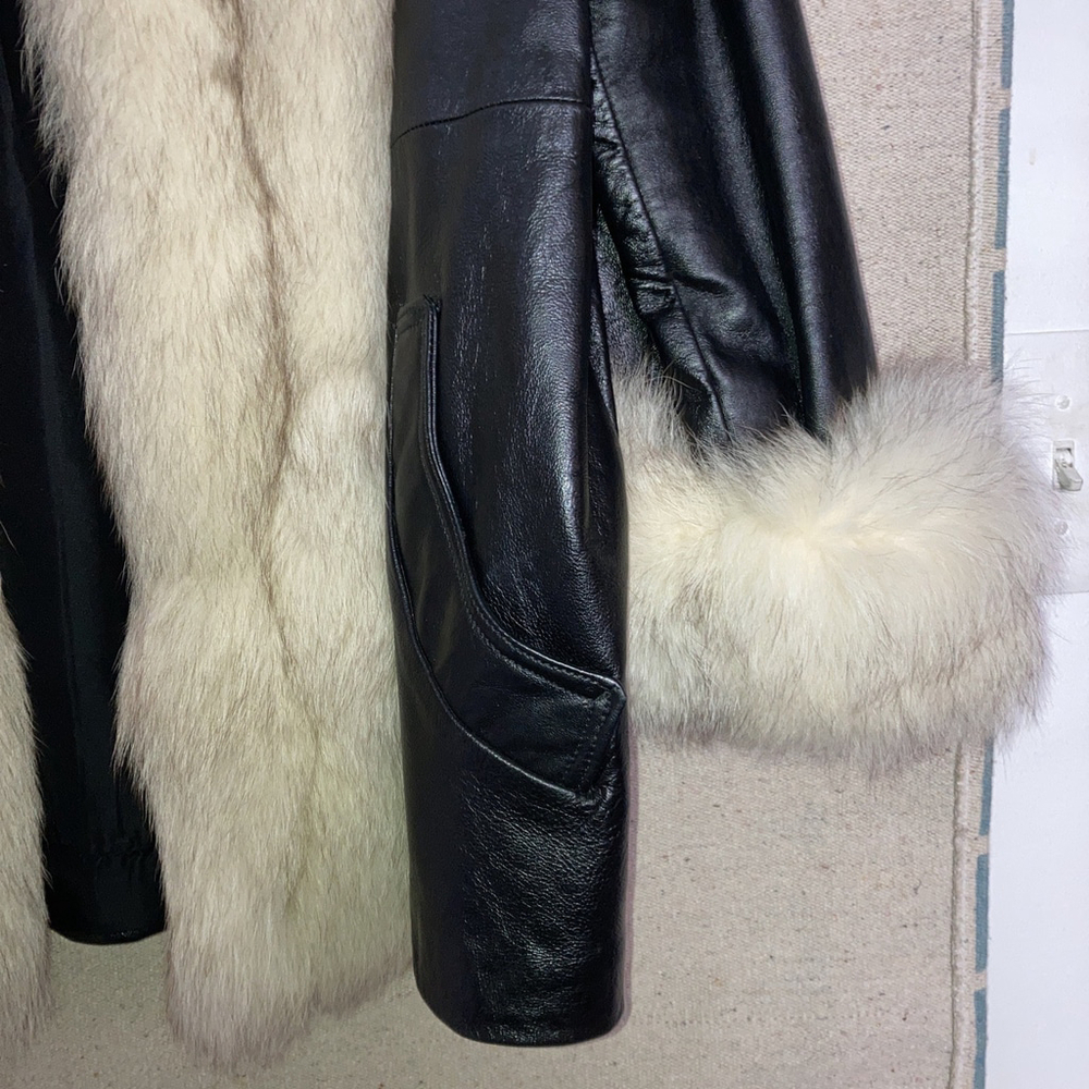 Vintage 60s Leather Penny Lane Fox Fur Collar Front Cuffs Trim Swing Coat Jacket - Picture 5 of 16